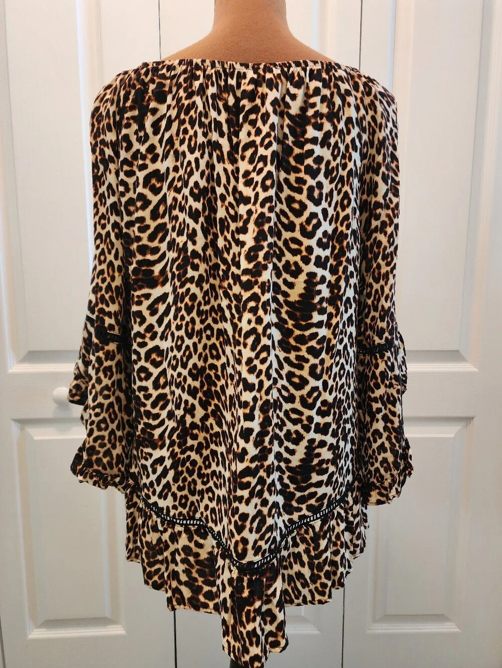 Fever Leopard-Print Flutter Split Bell Sleeves Mob Wife Ruffle Tunic